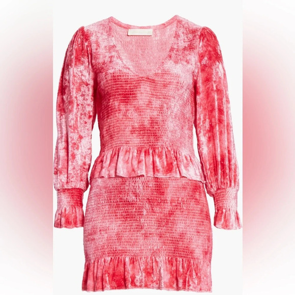 LOVESHACKFANCY Evan Tie Dye Long Sleeve Velvet Mini Dress Viscose Hot Pink - Picture 2 of 11